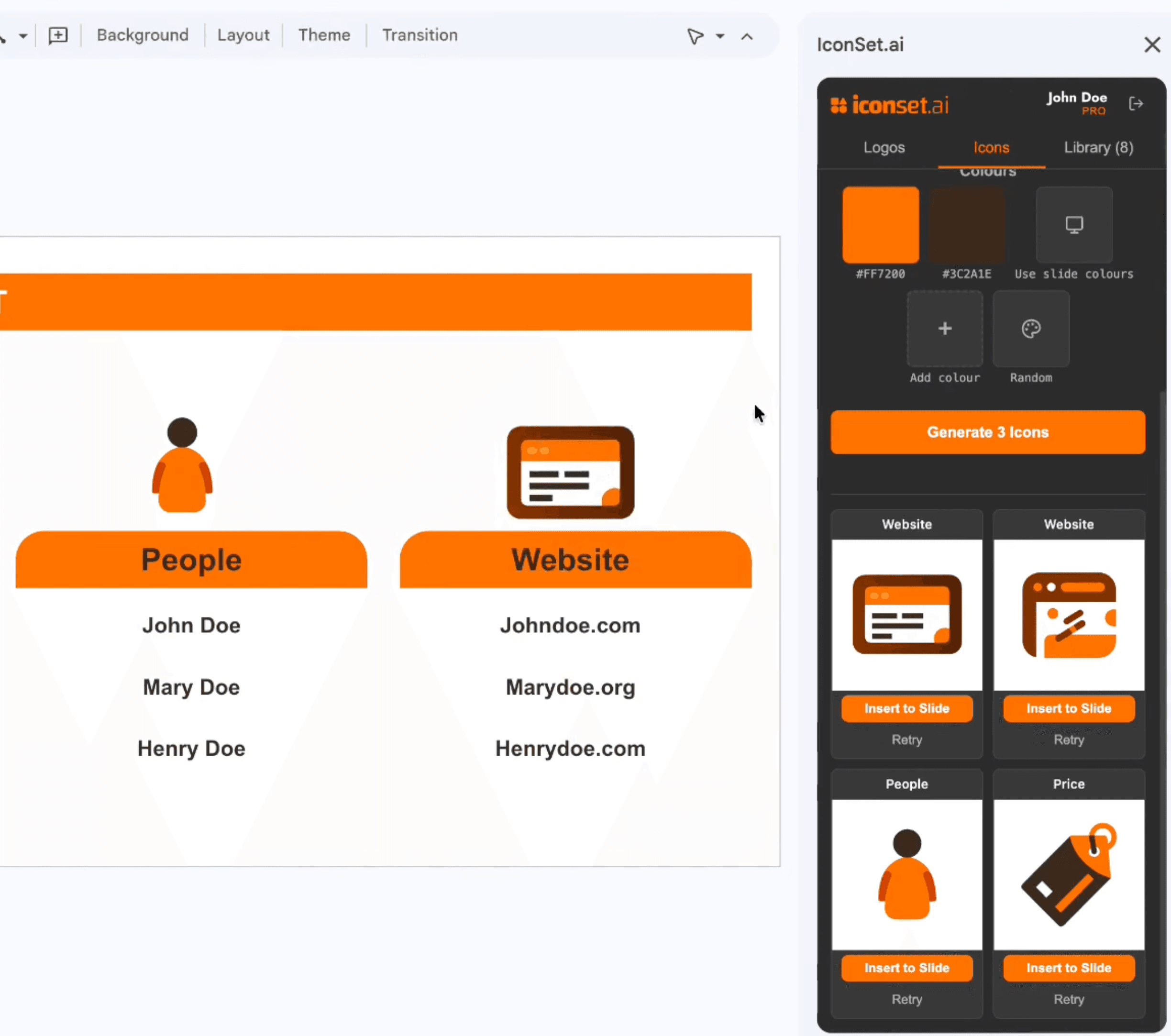 IconSet.ai icon generator running inside Google Slides